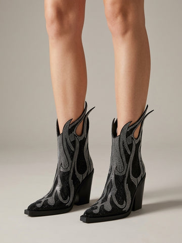 Women's Ankle Boots - Pointed Toe - Block Heel - Rhinestone - Zipper