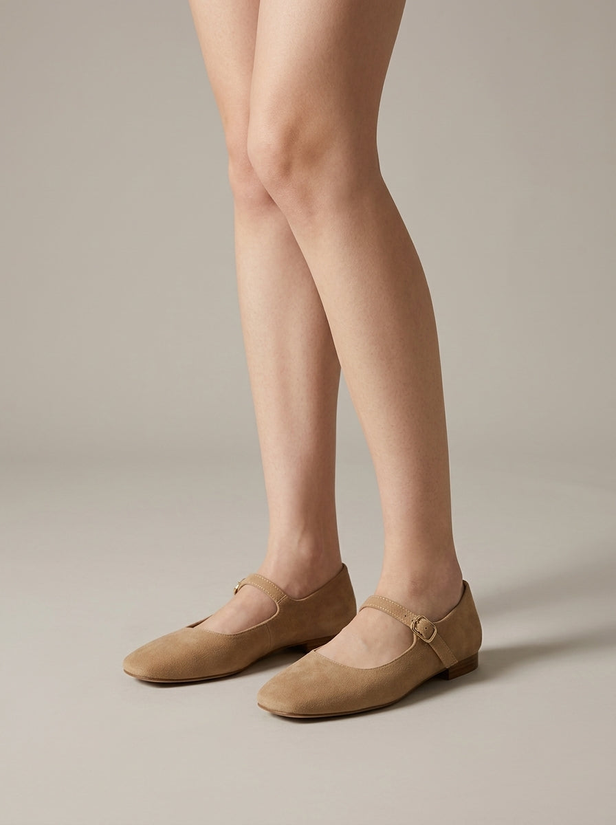 Women's Mary Jane Ballet Flats – Suede Round Toe with Single Strap and Gold-Tone Buckle