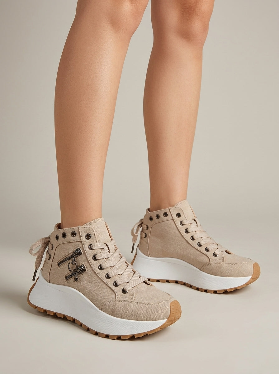 Women's High-Top Sneakers Lace-Up Platform Sole Zipper Detail