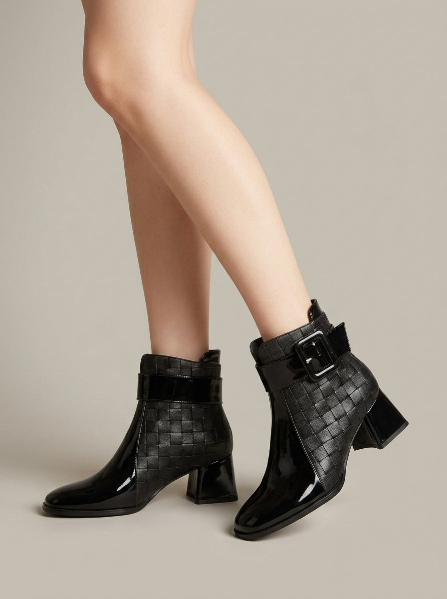 Women's Ankle Boots Square Toe Block Heel Buckle Strap Croc-Embossed
