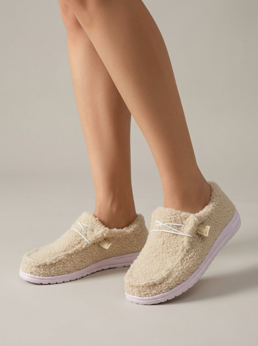 Women's Sherpa Slip-On Shoes with Elastic Lace Detail