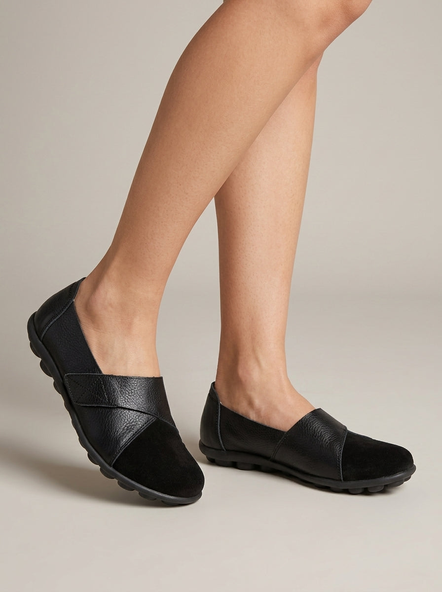Women's Flats Slip-On Leather Panel Ridged Sole Round Toe