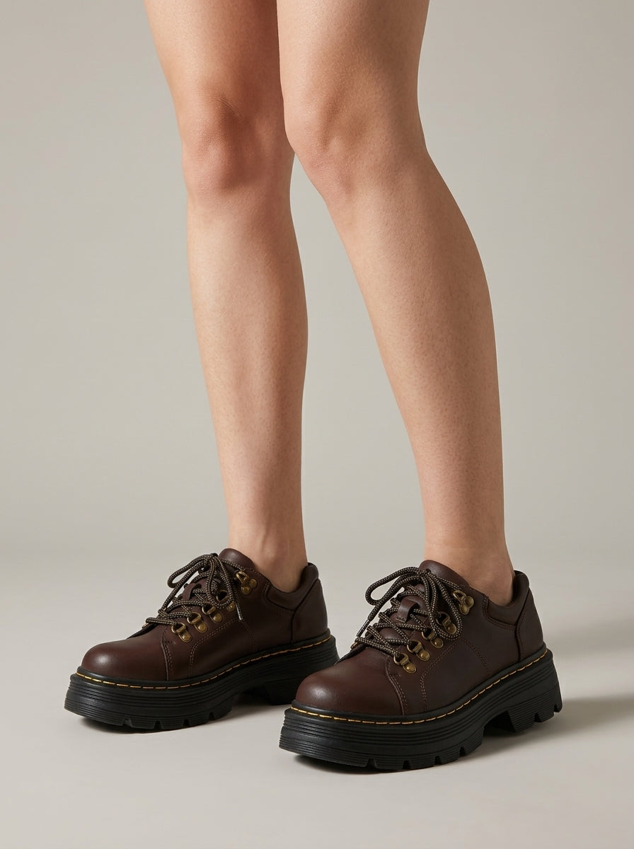 Women's Platform Shoes Leather Lace-Up Chunky Lug Sole