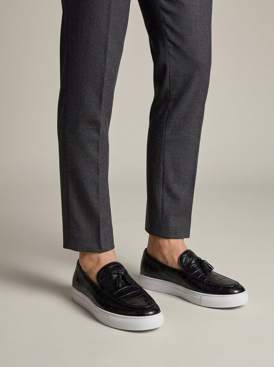 Men's Platform Loafers Croc-Embossed Slip-On with Tassel Detail
