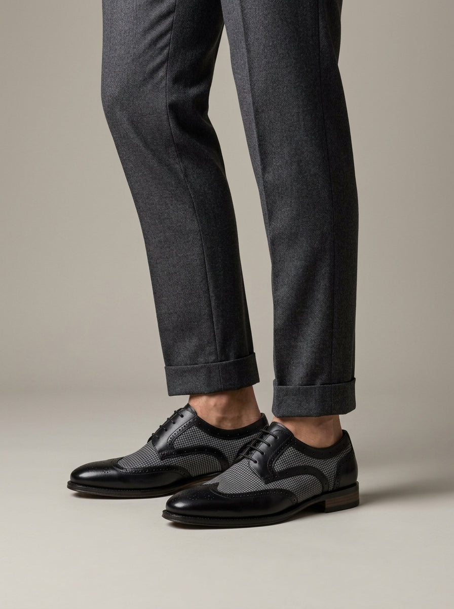Men's Oxford Shoes Wingtip Brogue Houndstooth Panel Lace-Up
