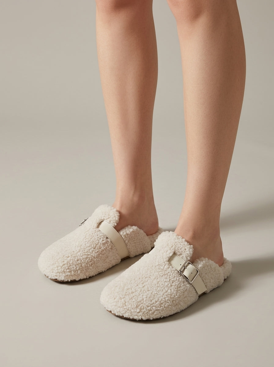 Women's Slippers - Closed Toe - Fleece Upper - Buckle Strap - Cork Sole