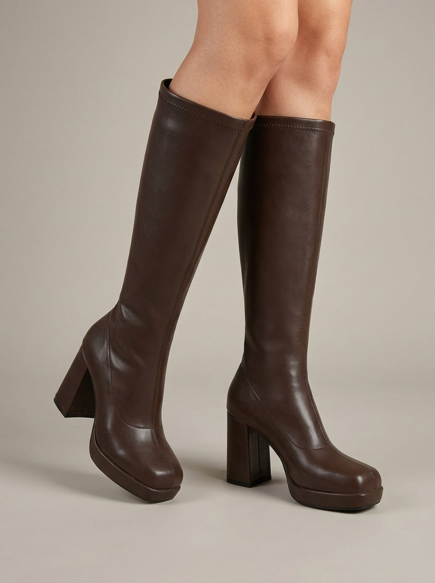 Women's Knee High Boots - Platform Block Heel - Glossy Finish