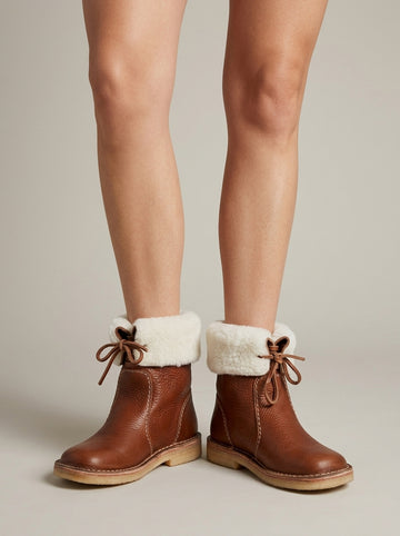 Women's Ankle Boots Faux Fur Lined Lace-Up Flat Crepe Sole