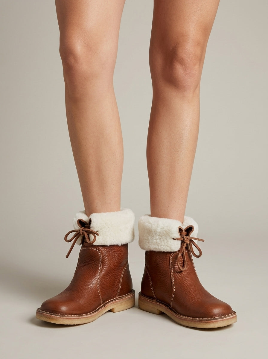Women's Ankle Boots Faux Fur Lined Lace-Up Flat Crepe Sole