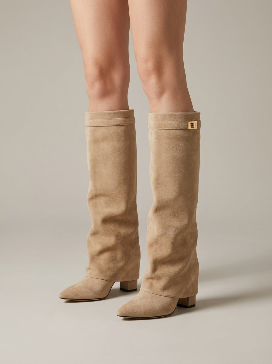Women's Suede Knee High Boots - Pointed Toe - Side Zip