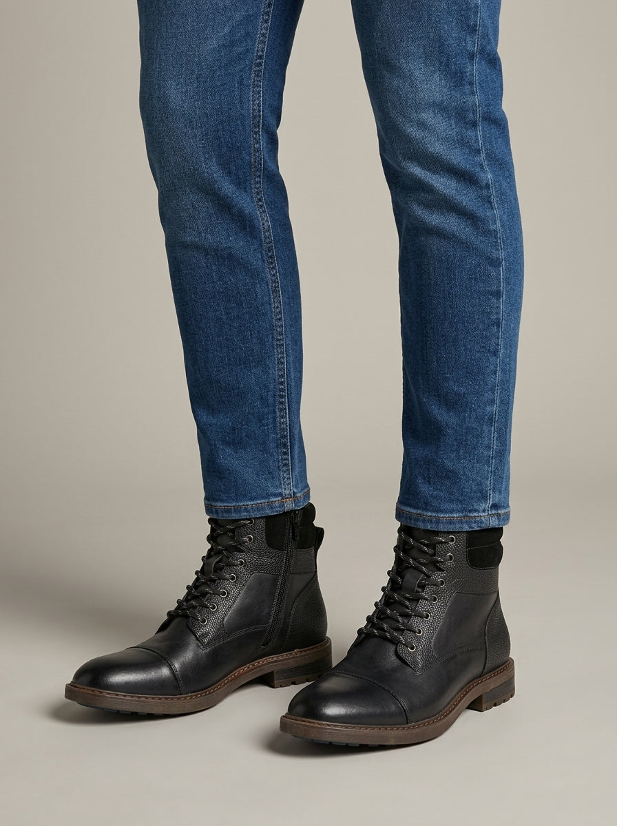 Men's Ankle Boots Lace-Up Cap Toe Side Zip Lugged Sole