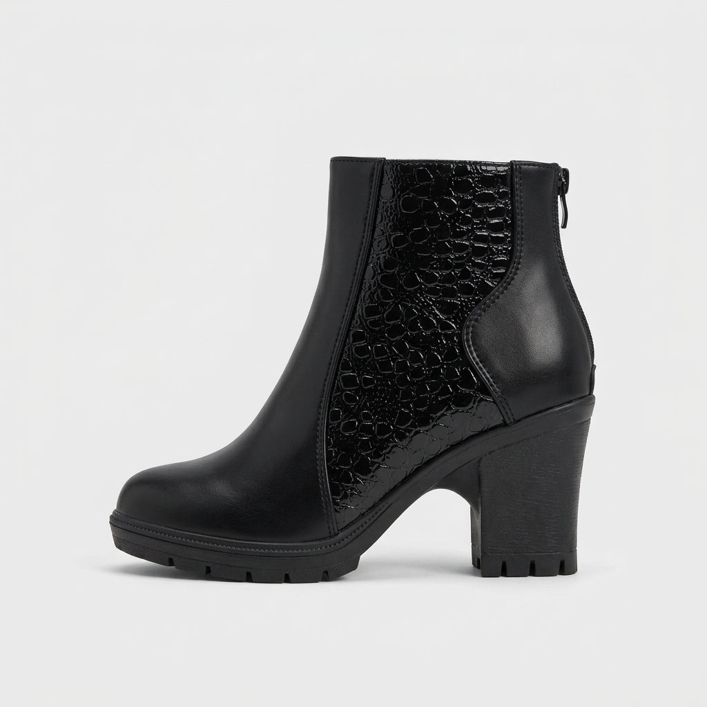 Women's Ankle Boots Block Heel Croc-Embossed Side Panel Zip