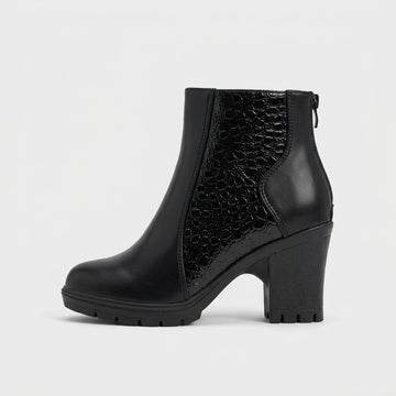 Women's Ankle Boots Block Heel Croc-Embossed Side Panel Zip