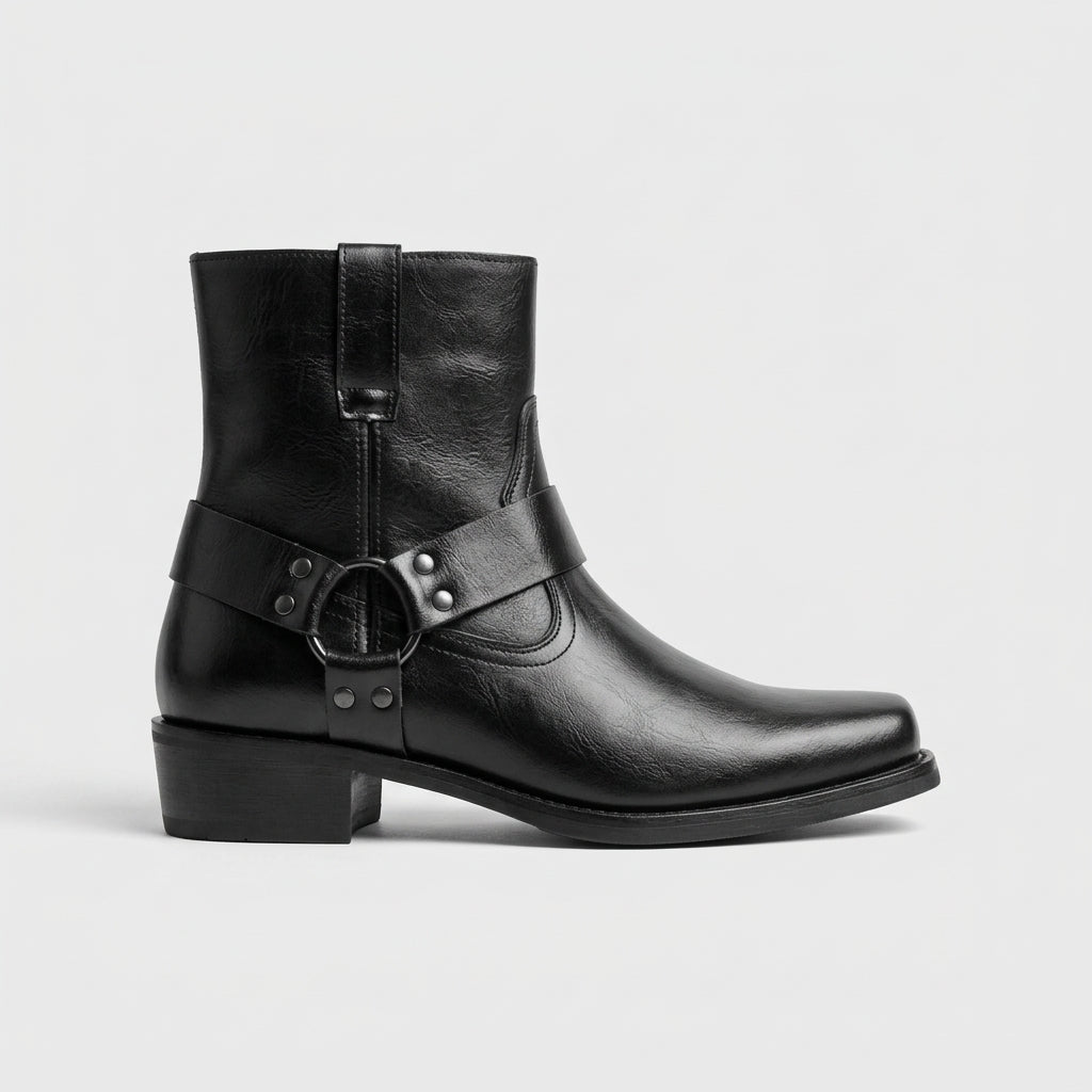 Men's Ankle Boots - Block Heel - Harness Strap