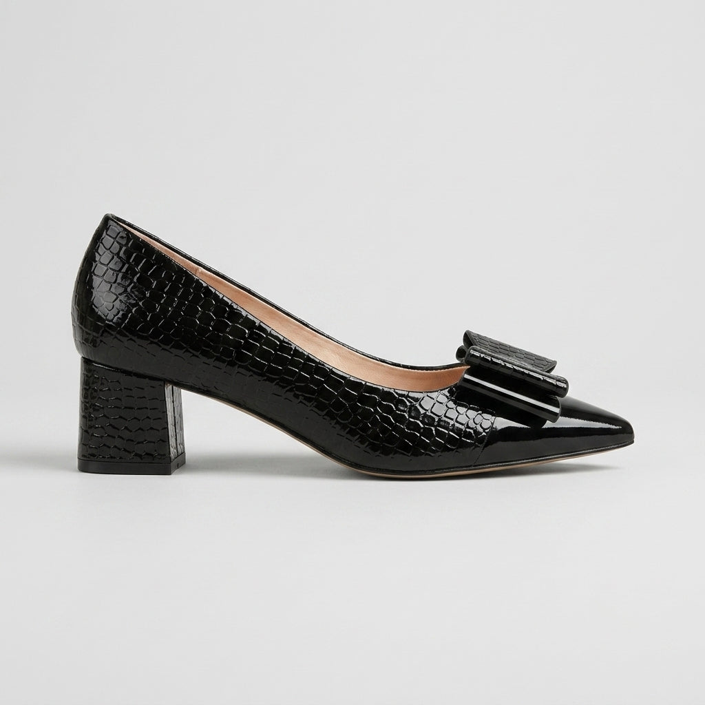 Women's Block Heels - Pointed Toe - Bow Detail - Croc-Embossed