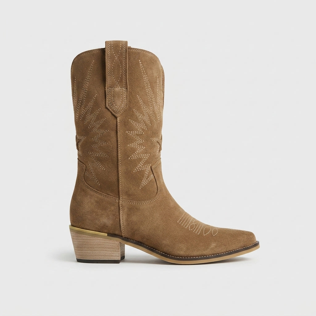 Women's Western Boots - Mid-Calf - Pointed Toe - Block Heel - Suede