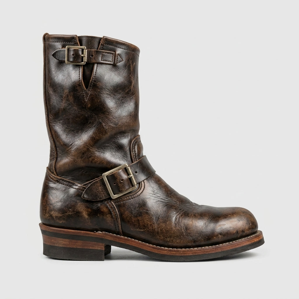 Men's Boots Mid-Calf Double Buckle Leather Low Heel Round Toe