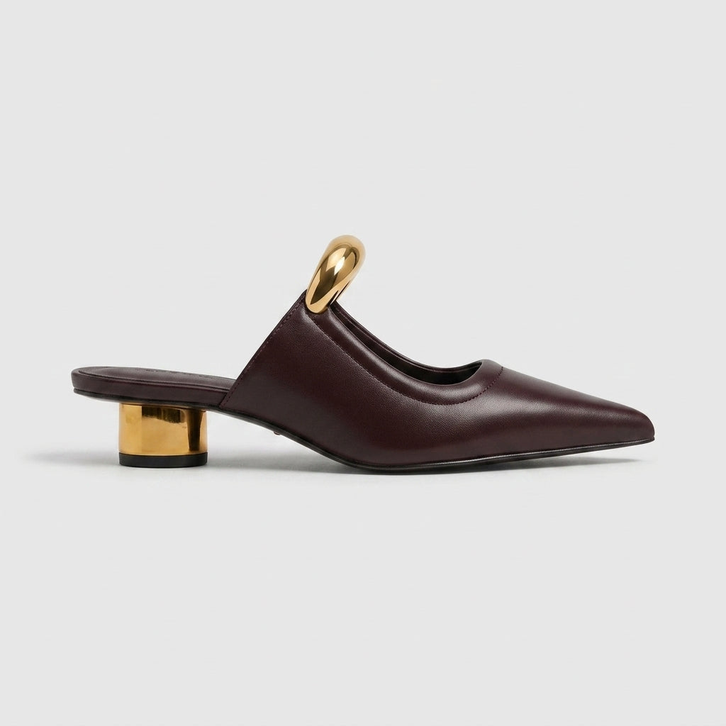 Women's Mule Low Cylinder Heels - Sculptural Bar Detail