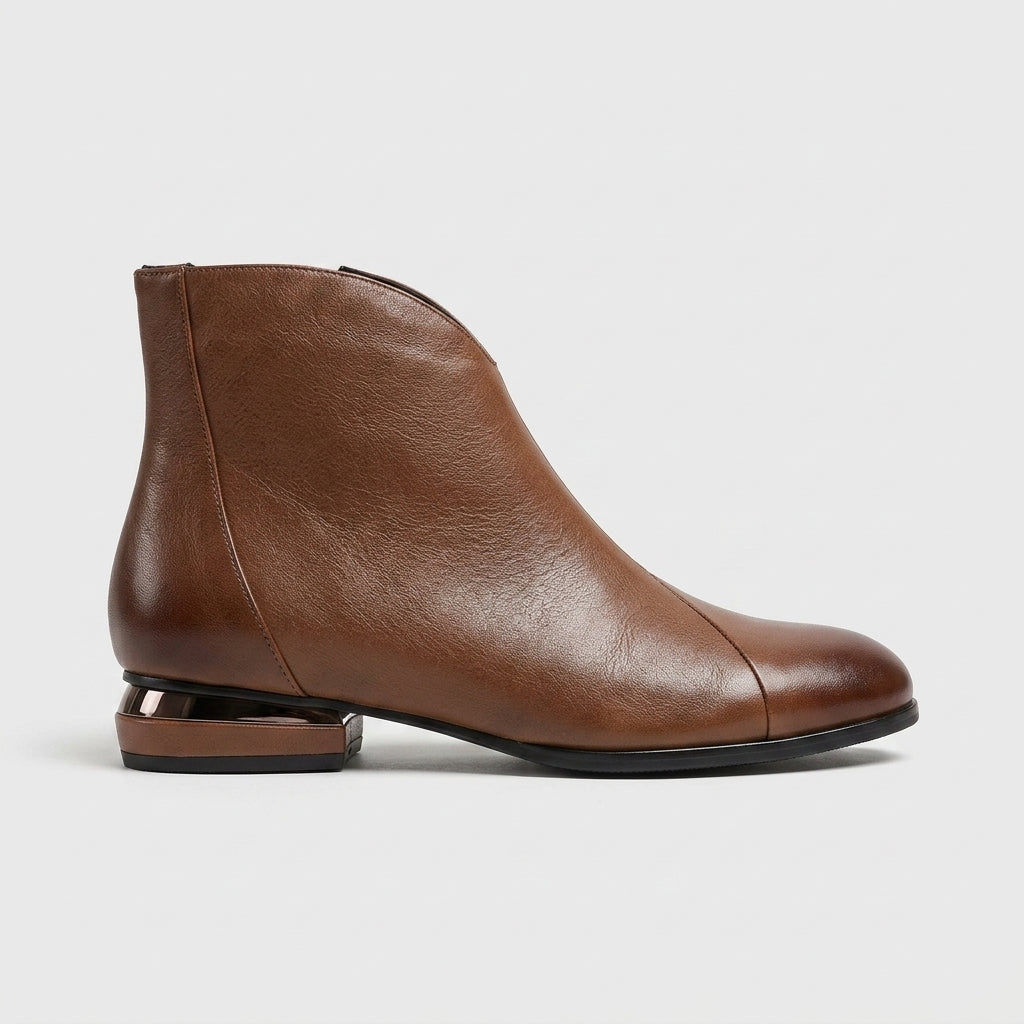 Women's Ankle Boots Block Heel Zip Closure Leather Upper