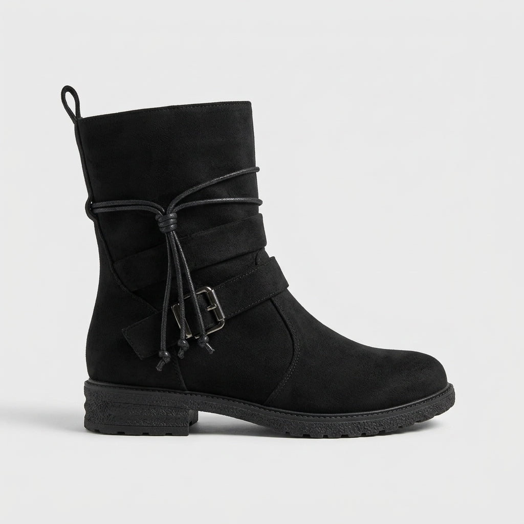 Women's Ankle Boots Side Zip Wrap Strap Tassel Buckle Low Block Heel