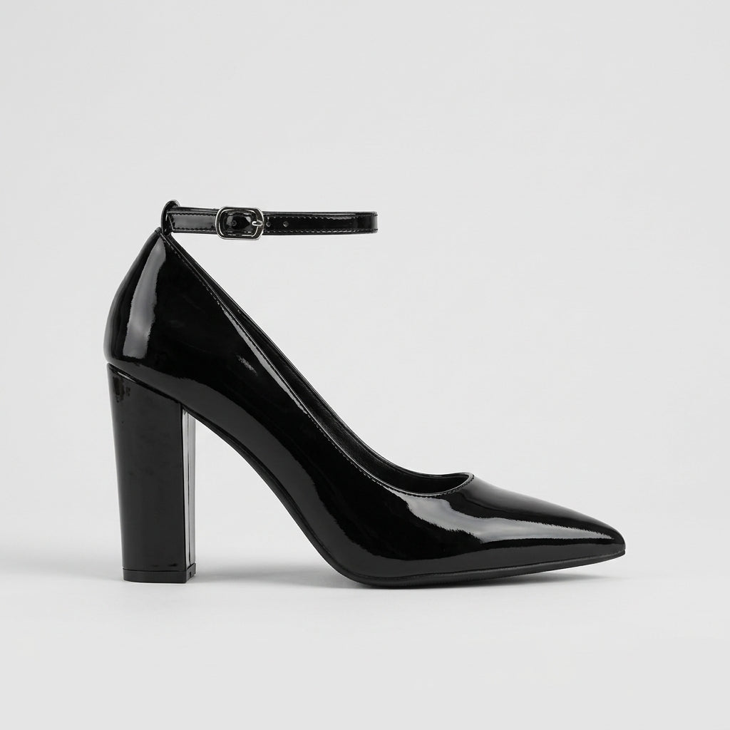 Women's Heels Pointed Toe Ankle Strap Block Heel Patent Finish