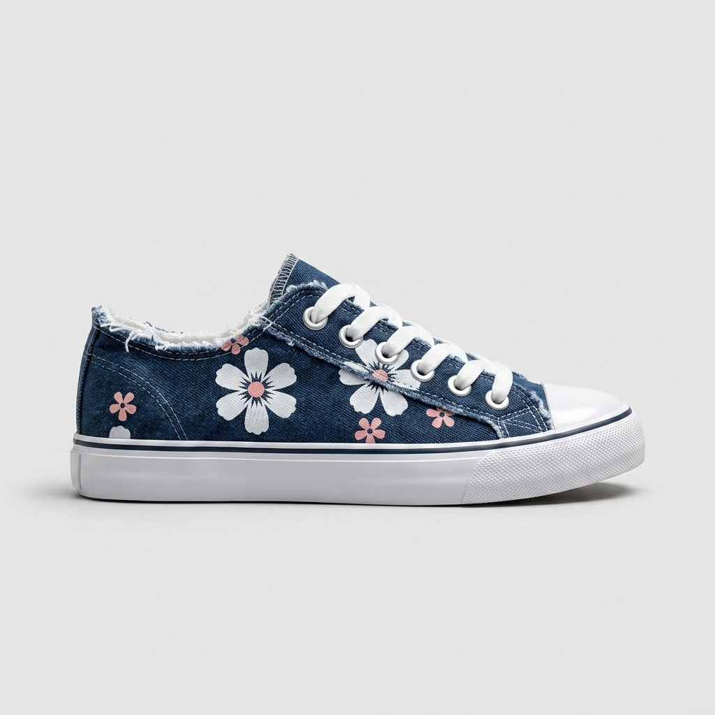 Women's Lace-Up Round Toe Denim Trainers with Frayed Trim