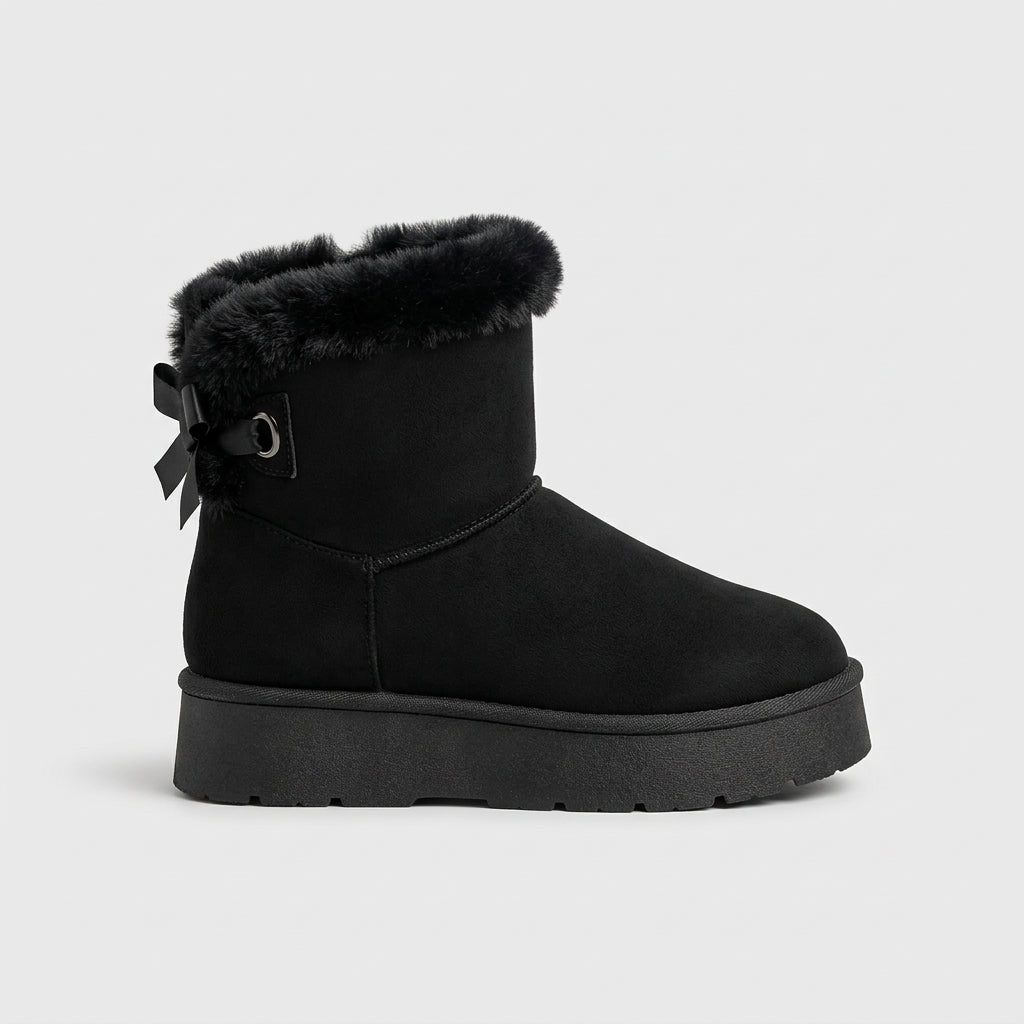 Women's Ankle Boots Platform Faux Fur Trim Ribbon Bow Pull-On