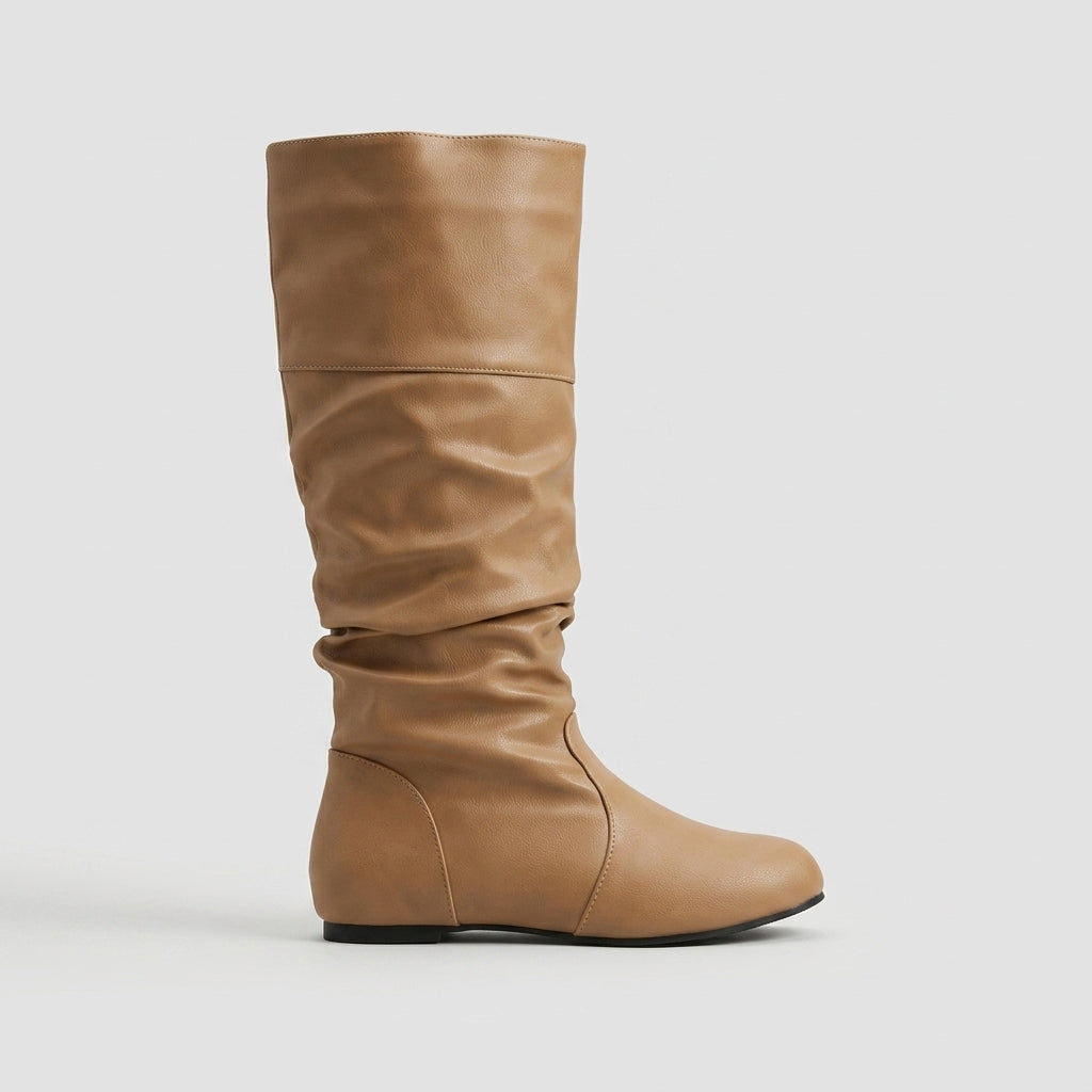 Women's Knee High Boots - Slouchy Shaft - Flat Sole - Round Toe