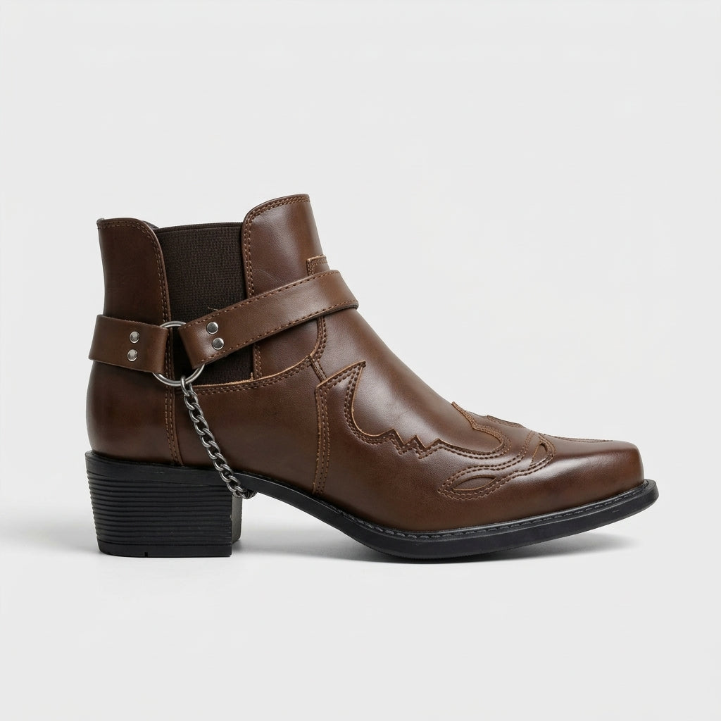 Men’s Western Chelsea Boots with Embroidered Toe Cap, Harness Strap, Chain Detail