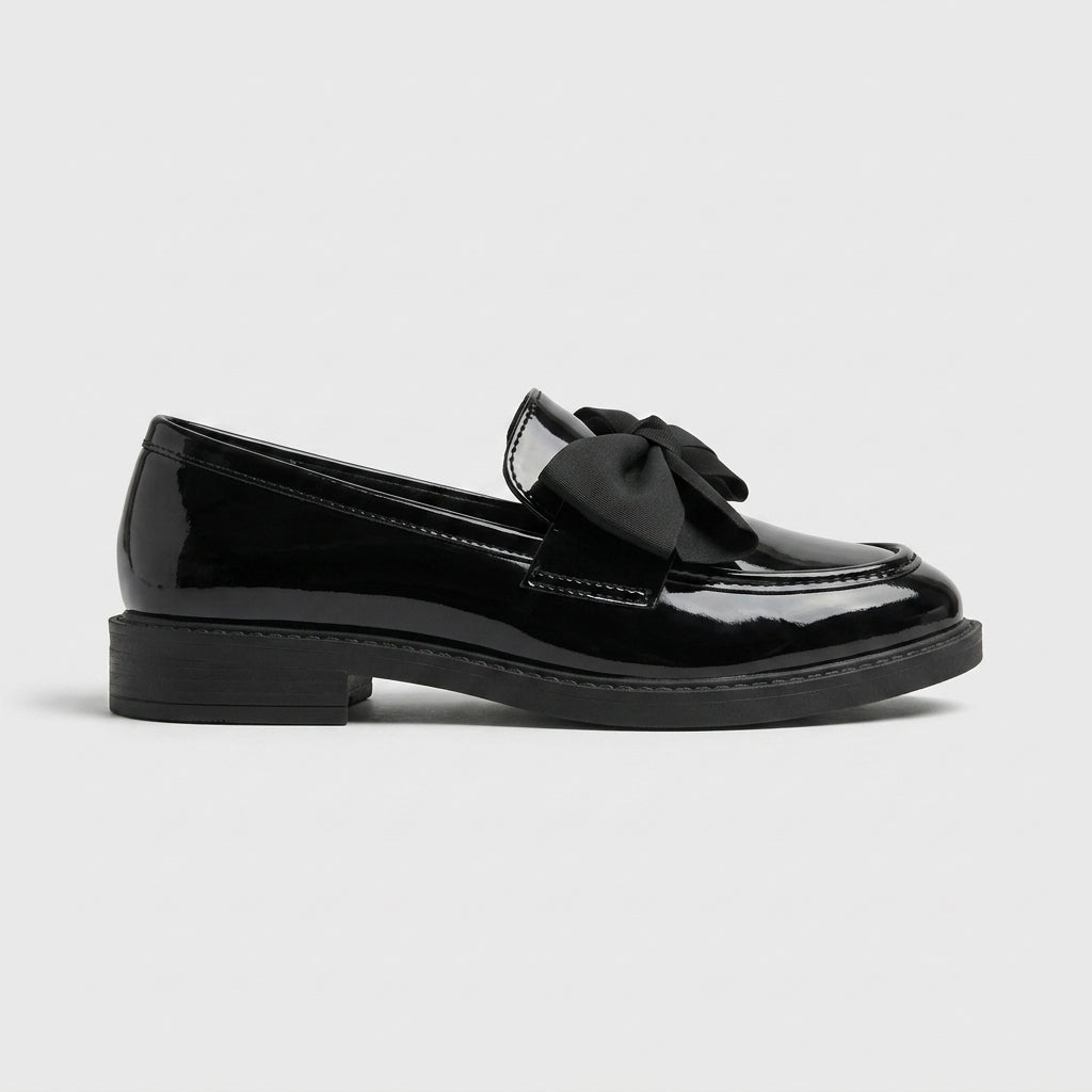 Women's Penny Loafers with Bow Detail - Patent Finish - Low Block Heel