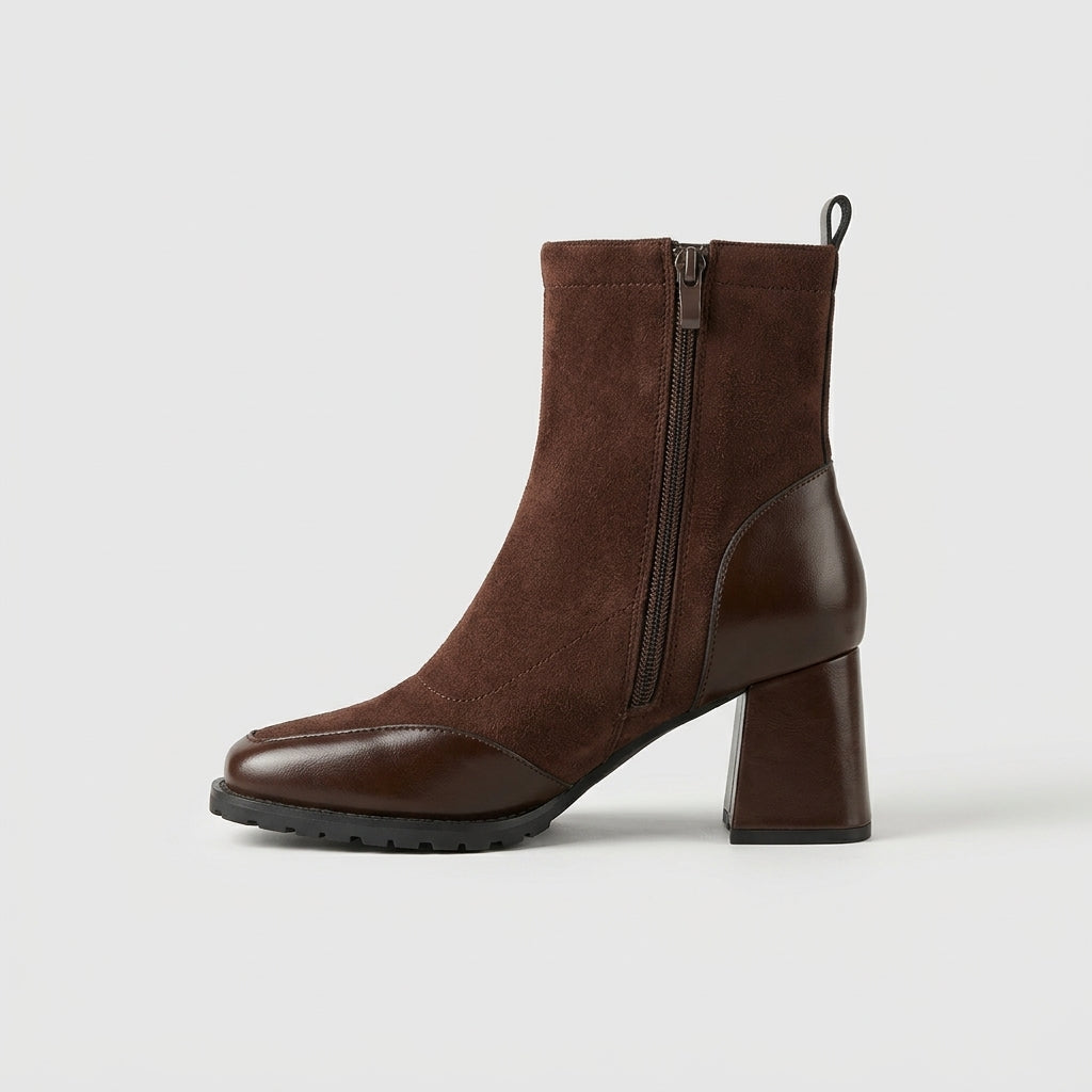 Women's Ankle Boots Block Heel Square Toe - Suede Side Zipper