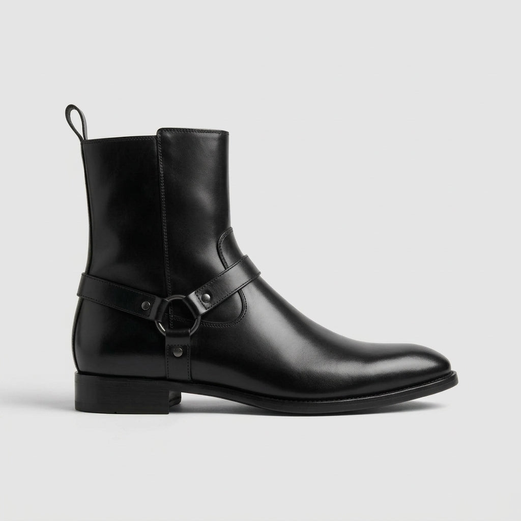 Men's Ankle Boots Suede Chain Harness Strap Side Zip Block Heel