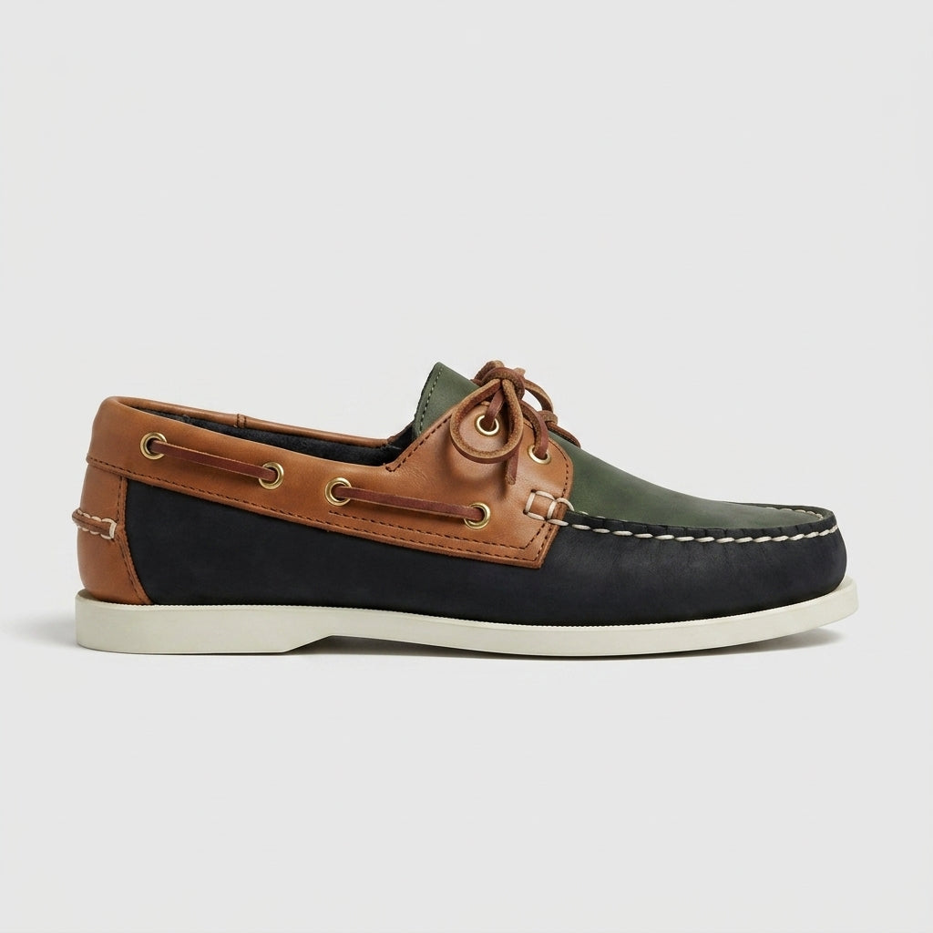 Men's Color-Block Leather Boat Shoes with Lace-Up Closure