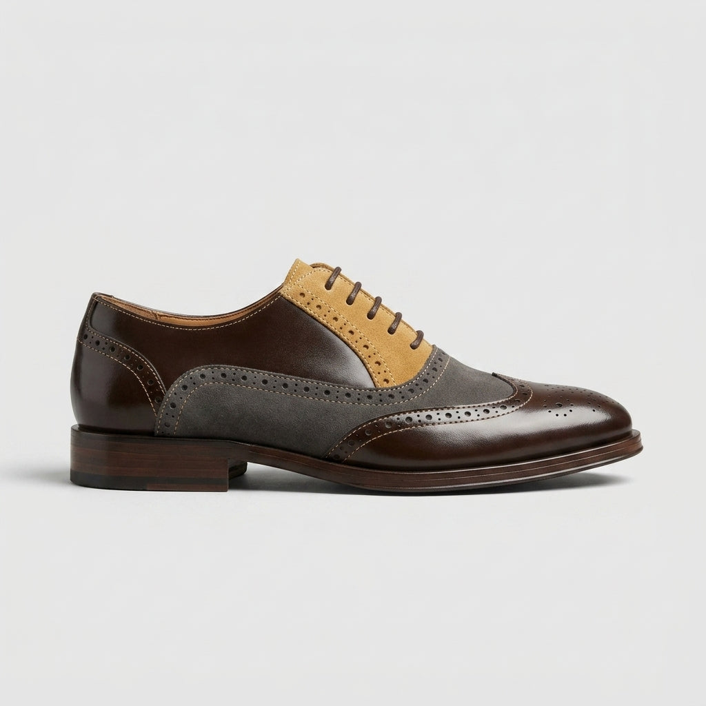 Men's Oxford Brogue Wingtip Lace-Up Low Block Heel
