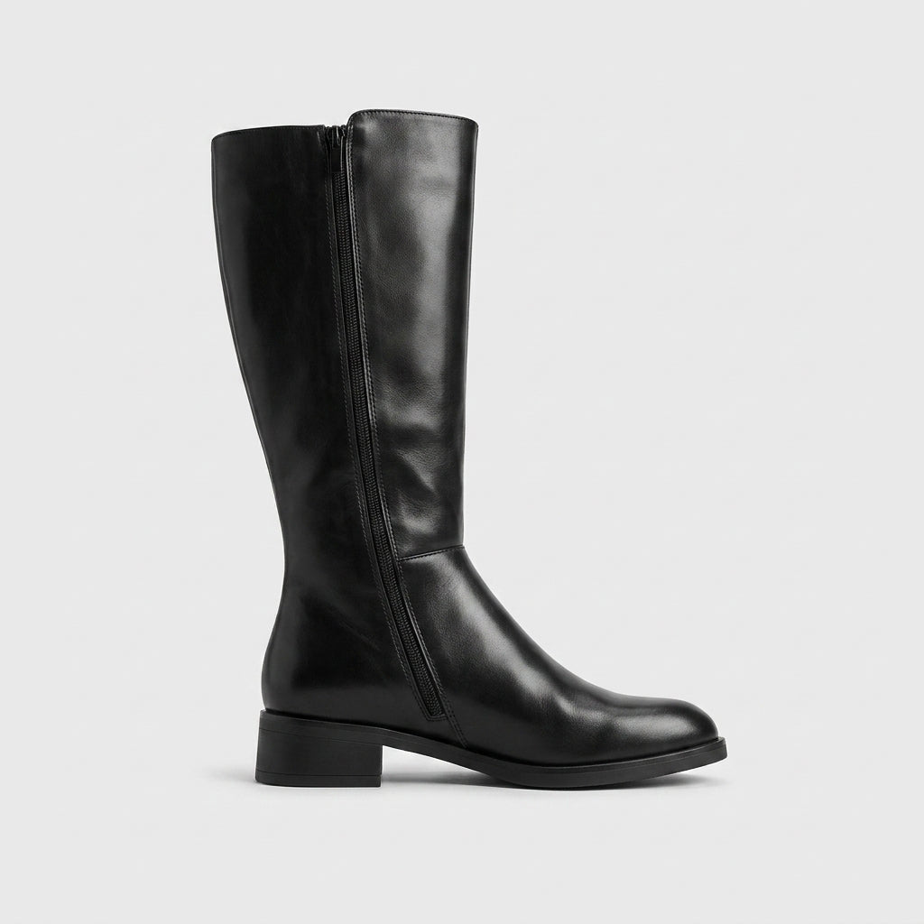 Women's Knee High Boots - Block Heel - Side Zip - Round Toe