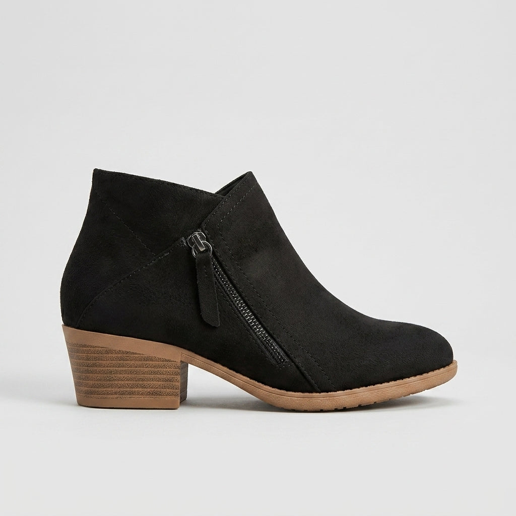 Women's Ankle Boots Low Block Heel Side Zipper Round Toe