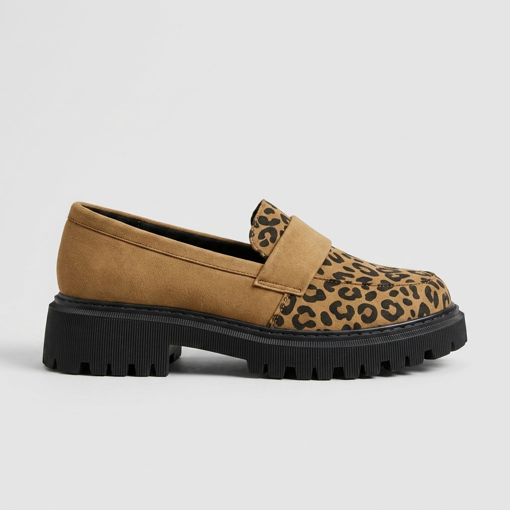 Women's Platform Loafers Leopard Print - Elastic Strap - Lug Sole