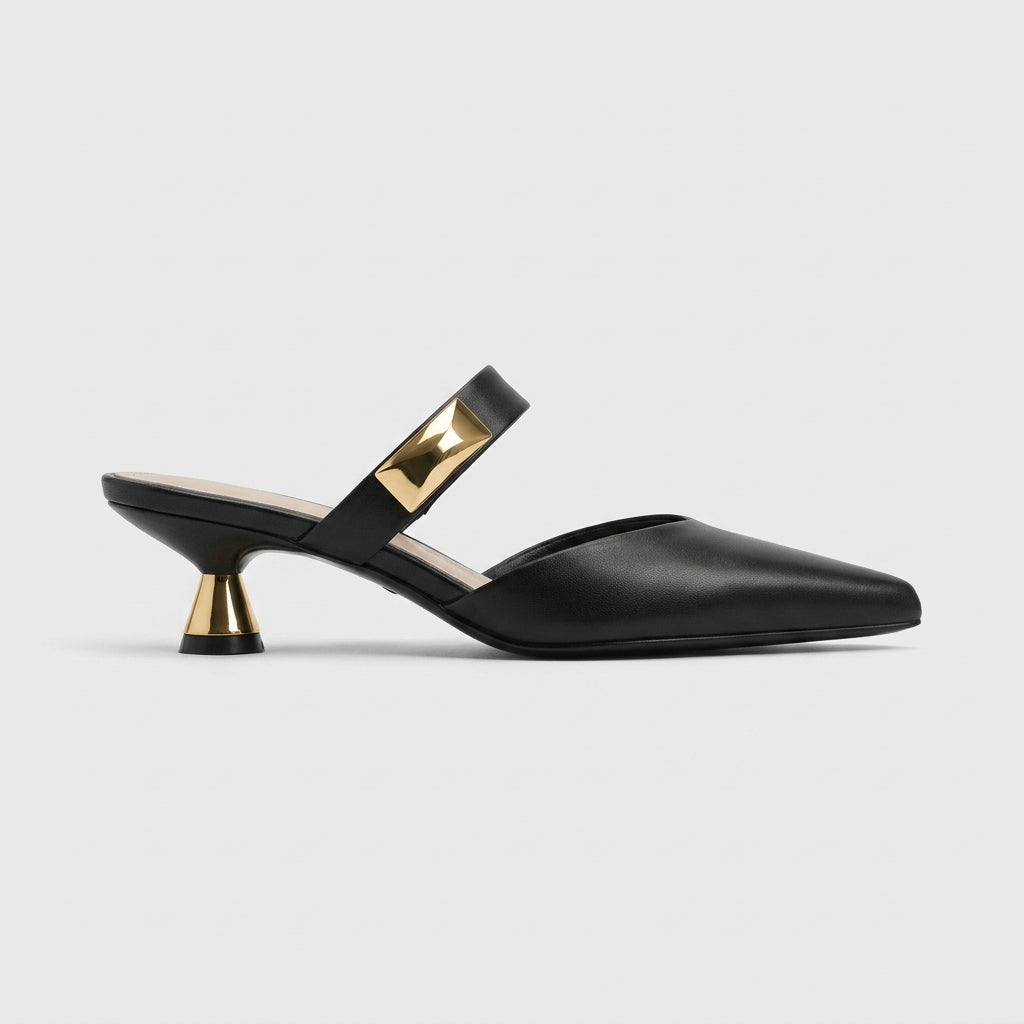 Women's Kitten Heel Mules Pointed Toe Buckle Strap Slip-On