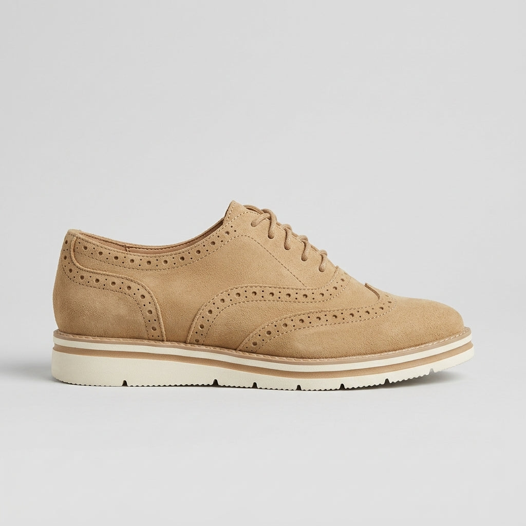 Women's Oxford Flats - Round Toe - Lace-Up - Brogue Perforations