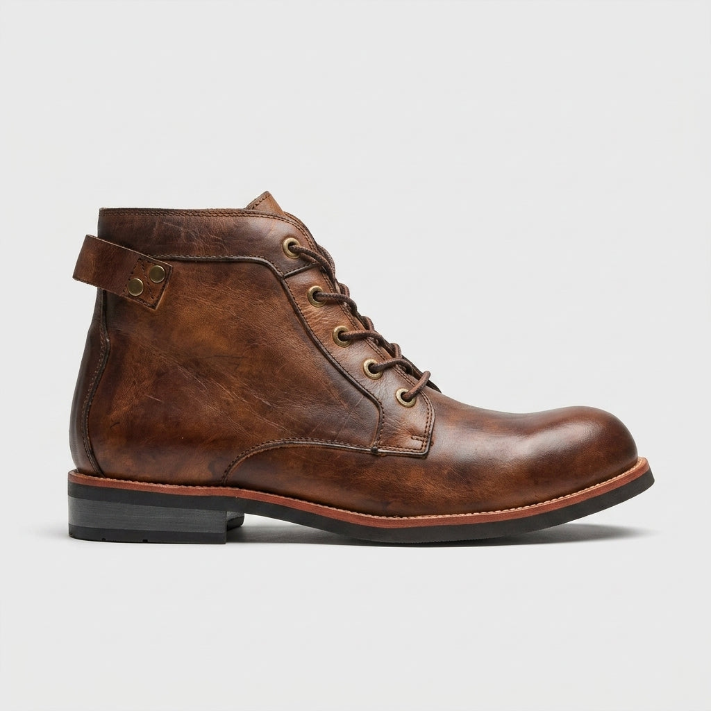 Men's Ankle Boots - Lace-Up - Round Toe - Leather - Low Heel