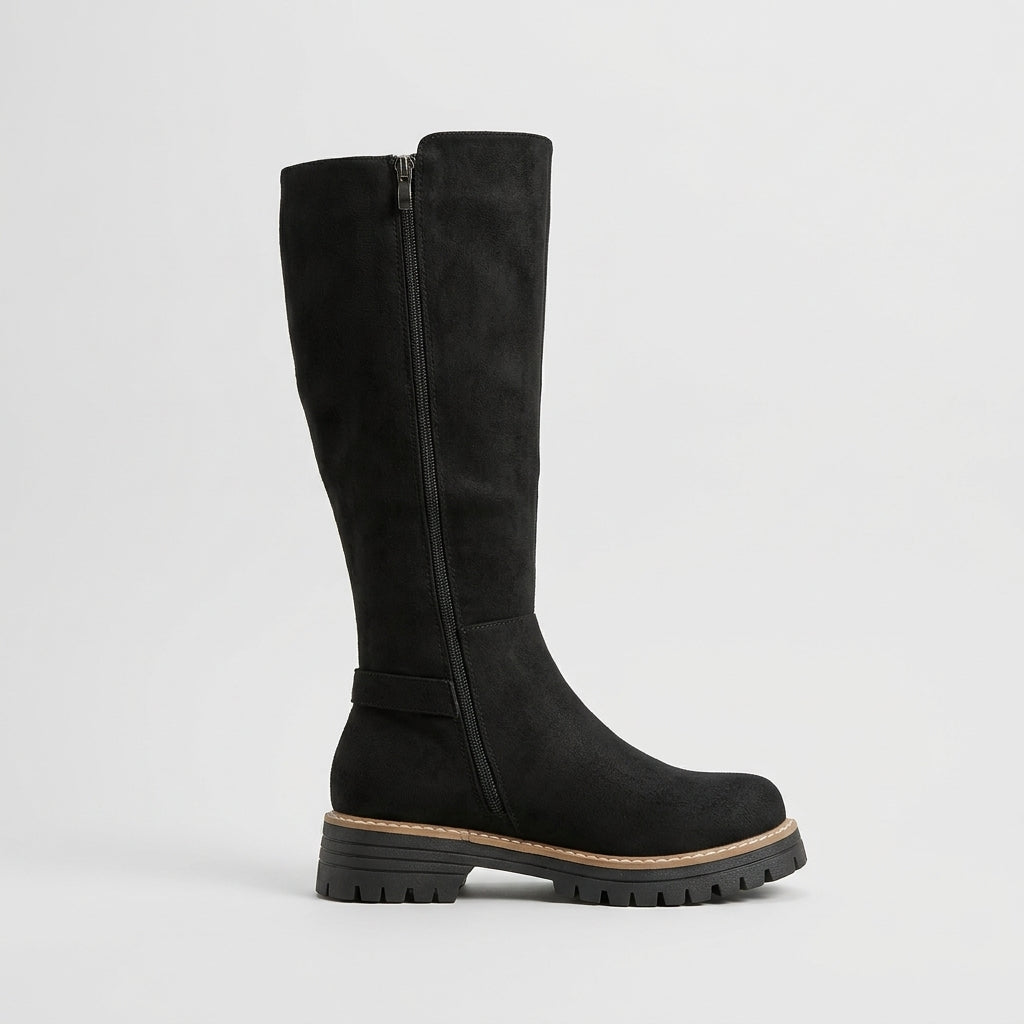 Women's Knee High Boots - Side Zip - Buckle Detail - Lug Sole