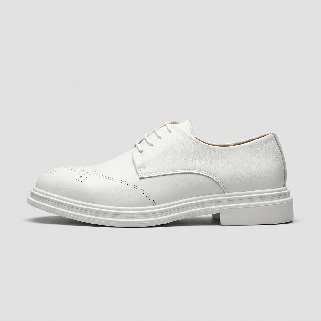 Men's White Brogue Oxford Shoes - Lace-Up Wingtip Derby Low Heel Sole