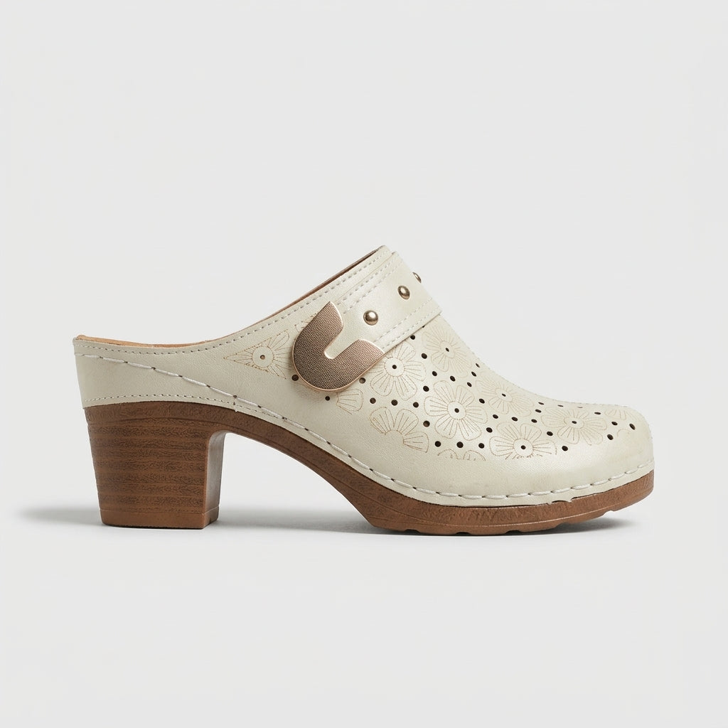 Vintage Floral Cutout Block Heel Mules Studded Clogs