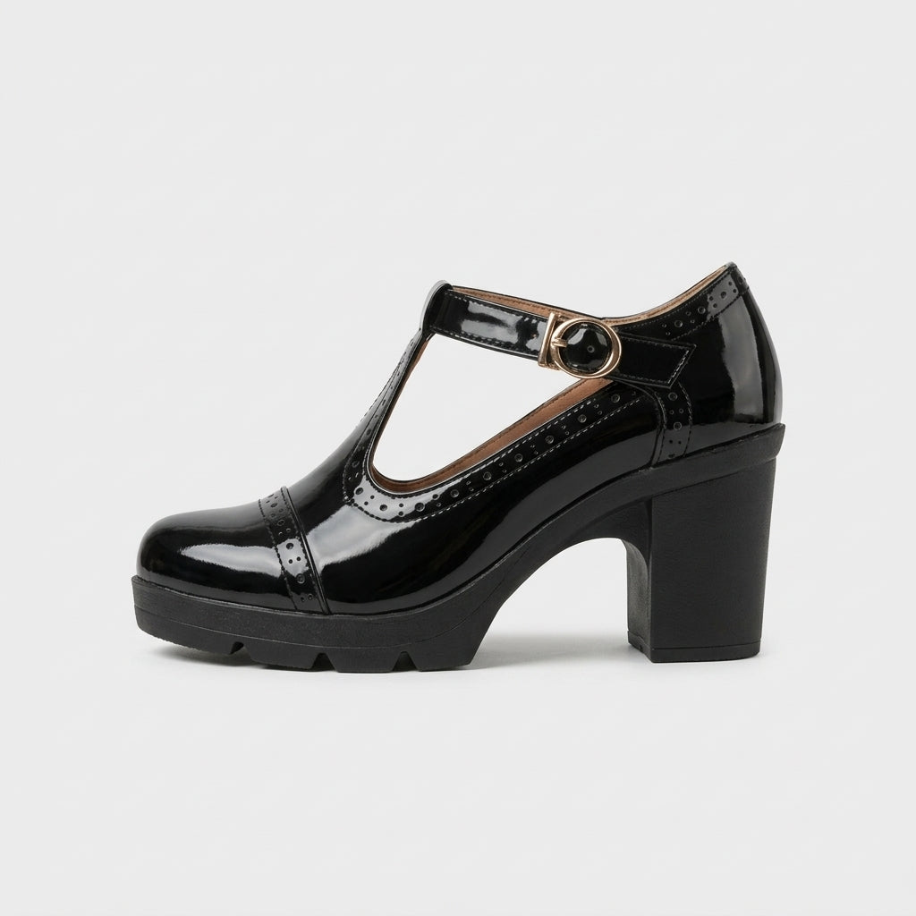 Women's Mary Jane Heels T-Bar Block Heel Platform Patent Leather