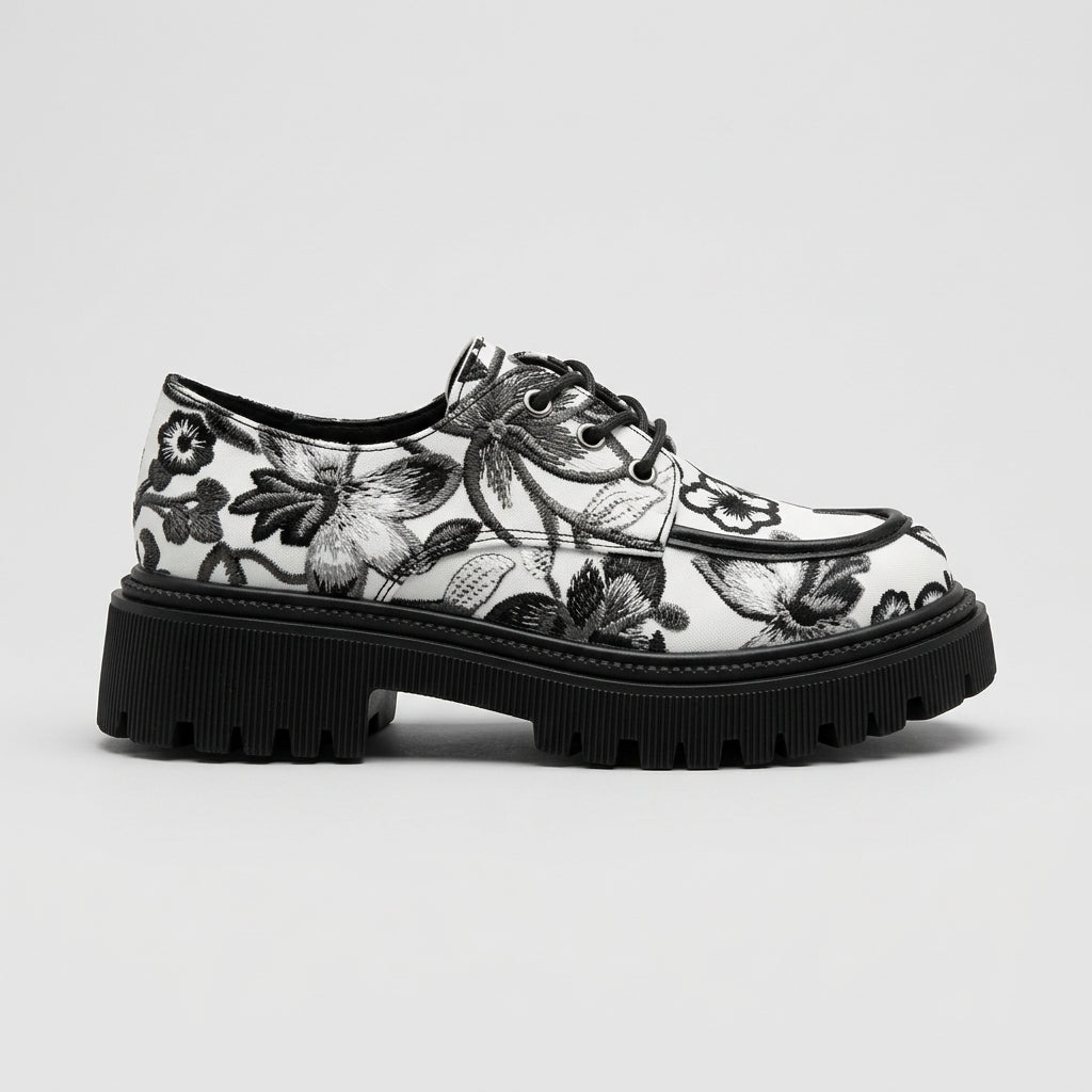 Women's Platform Loafers - Floral Print - Round Toe - Lace-Up