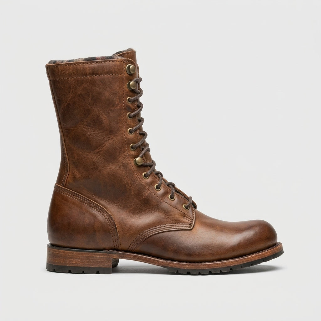 Men's Boots - Mid-Calf - Lace-Up - Round Toe - Low Heel - Leather