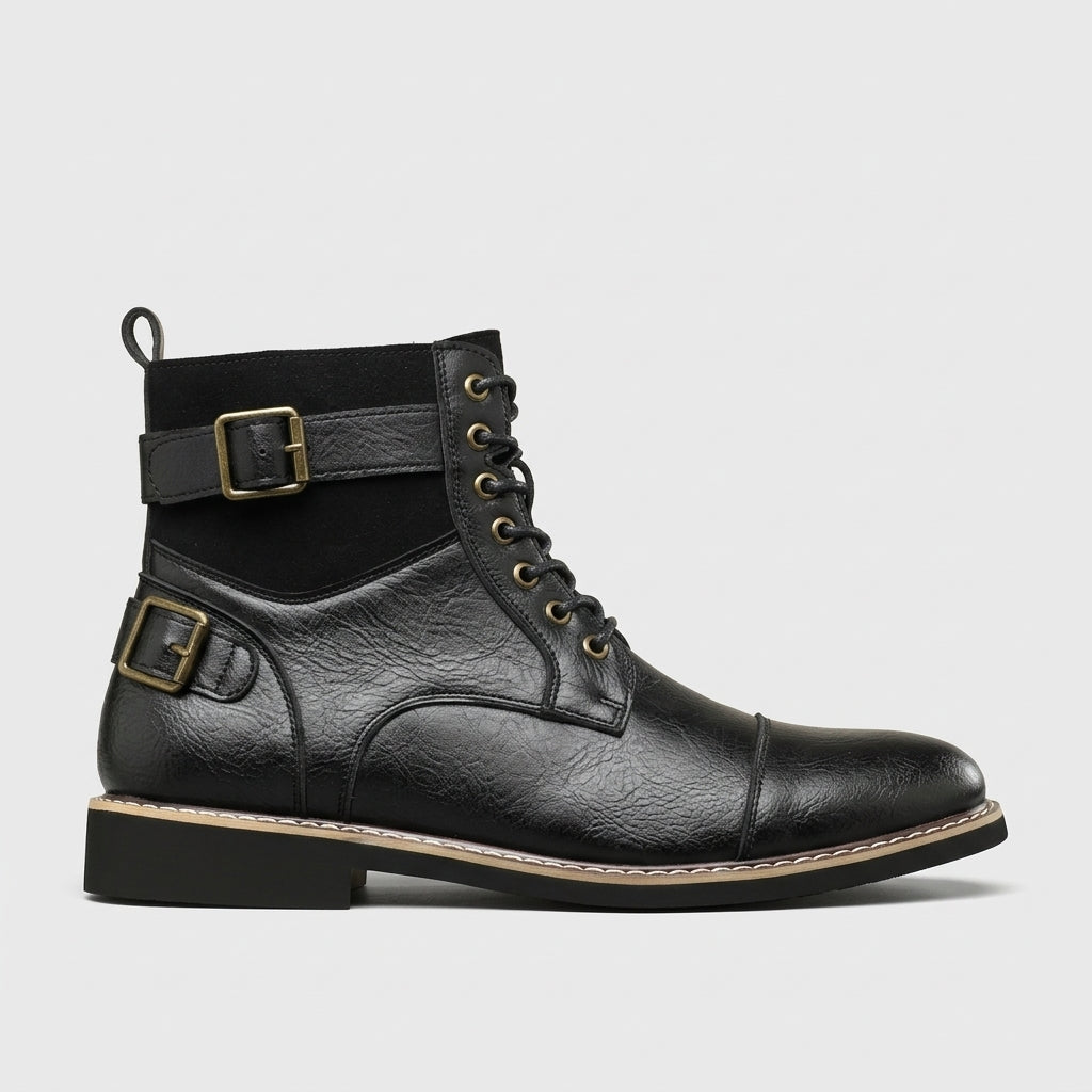 Men's Ankle Boots Cap-Toe Lace-Up Buckle Strap Leather