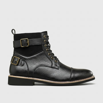 Men's Ankle Boots Cap-Toe Lace-Up Buckle Strap Leather