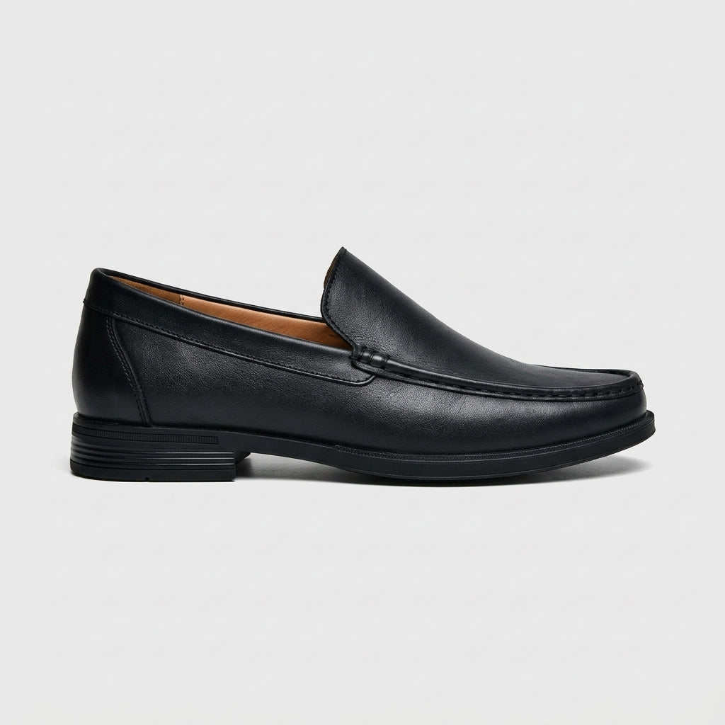 Men's Leather Loafers - Slip-On Moc Toe Shoes with Low Block Heel