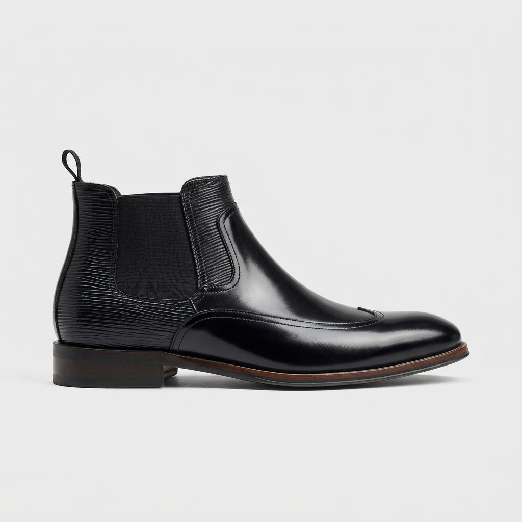 Men’s Patent Chelsea Boots with Brogue Wingtip Detail, Elastic Gusset and Pull Tab